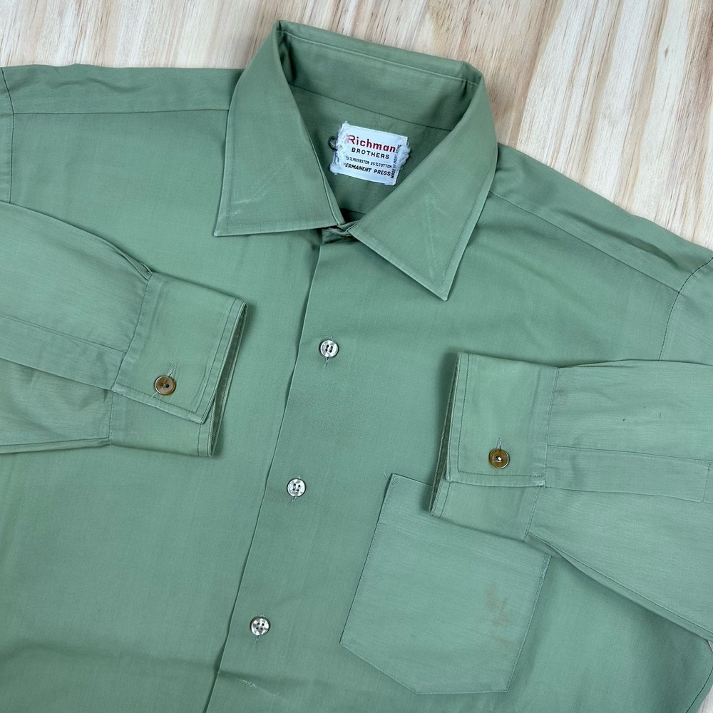 VTG 70s Richman Bros Solid Green Button Down‎ Shirt Disco Rockability XL